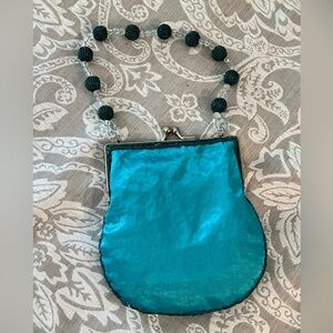 Vintage Jessica McClintock Evening Bag Turquoise Satin Beaded Strap Event Prom